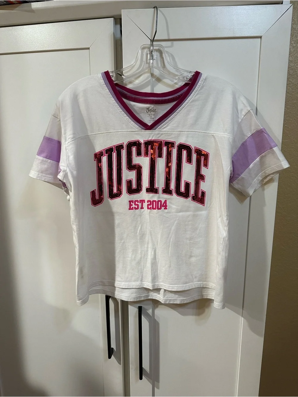 Justice Girls XL 16/18 White V-Neck Tee with Pink and Lavender Accents